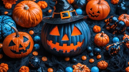 Glowing Jack-o-Lantern with Witch Hat Surrounded by Halloween Candy