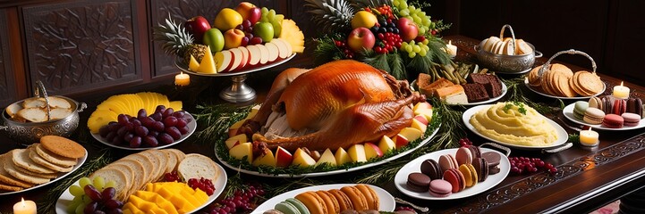 restaurant with meat, salads and vegetables, various delicious dishes in the hotel