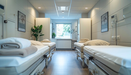 Comfortable patient care room with beds and natural light. A serene hospital room featuring multiple beds