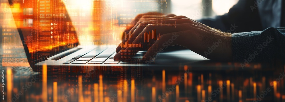 Poster computer programmer working on laptop to manage big data, on futuristic virtual interface, data mini