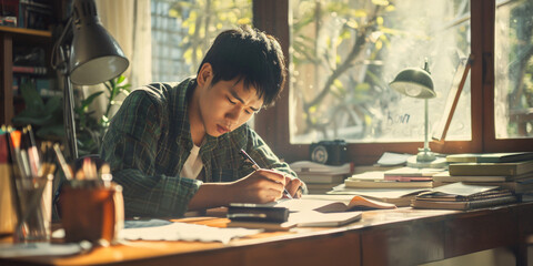A young man sits at his desk, concentrating on his studies. He is surrounded by books, notebooks, and other writing materials.. asian man