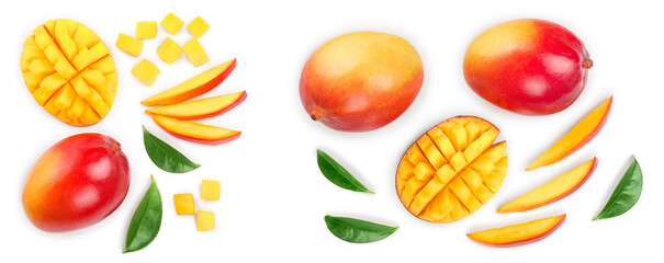 Mango fruit and half with slices isolated on white background with copy space for your text. Top view. Flat lay