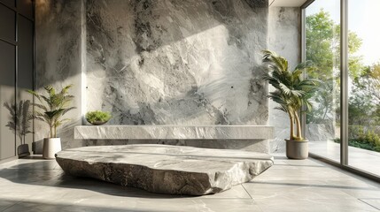 Neutral Concrete and Marble Shelf with Sunlight Shadows. Minimalist Background for Product Showcase or Business Branding