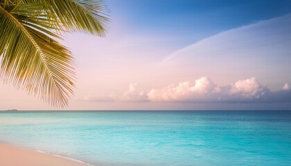 Obraz premium dreamy tropical beach scene soft focus turquoise waters blend with pastel sky palm silhouettes tranquil atmosphere idyllic vacation mood