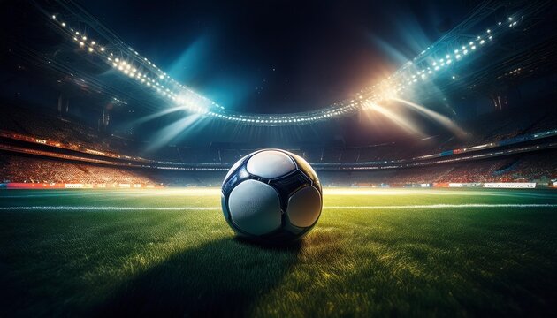 Fototapeta dramatic night stadium scene pristine soccer ball centered on lush green pitch powerful floodlights creating dramatic shadows and atmosphere