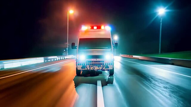 An ambulance with sirens and flashing lights rushes along the night road.
