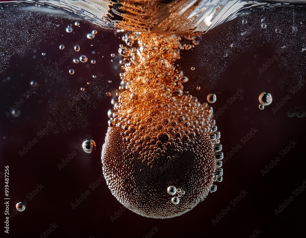 Wall mural effervescent cola explosion underwater dark bubbles rising against inky background dynamic liquid te