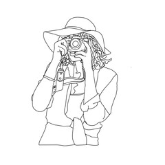dessin en ligne continue d'une femme prenant une photo, line art