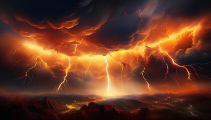 electric storm backdrop vibrant orange lightning bolts dark ominous clouds dramatic contrast powerful energy abstract weather phenomenon