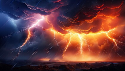 electric storm backdrop vibrant orange lightning bolts dark ominous clouds dramatic contrast powerful energy abstract weather phenomenon