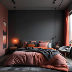 Arafed bedroom with a bed, chair, and a window with a view, dark bedroom, dark grey and orange colours, dimly lit bedroom, gray and orange colours, soft grey and red natural light
