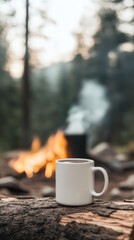 A white enamel mug filled with black coffee rests on a log near a forest campfire, with woodsmoke and a tranquil river creating a serene atmosphere