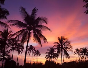 elegant silhouettes of various palm trees against a vibrant sunset sky gradients of orange pink and purple create a tropical paradise atmosphere with striking contrast
