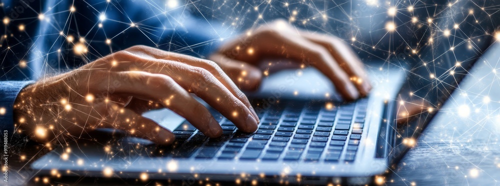 Poster a man surfing the internet with a modern computer using a network connection, big data, digital mark