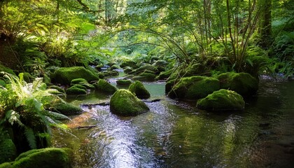 enchanted forest stream sunlit brook winding through lush green woodland mossy rocks dappled light overhanging ferns crystalclear water magical atmosphere natures tranquility