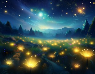 Fototapeta premium enchanted nocturnal meadow ablaze with bioluminescent fireflies dreamy atmosphere ethereal glow misty landscape starry sky magical realism style