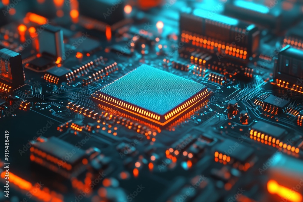 Poster circuit board with luminous quantum processor. stock photo created with photoshop