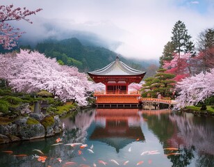 Obraz premium enchanting japanese temple nestled among blooming cherry blossoms misty mountain backdrop soft pink and white palette tranquil koi pond reflection ethereal atmosphere