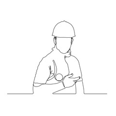 dessin en ligne continue d'un travailleur du bâtiment portant un casque, line art, vecteur