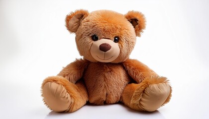 Obraz premium endearing plush teddy bear rich goldenbrown fur with subtle highlights soft and huggable texture gentle smile isolated on pure white