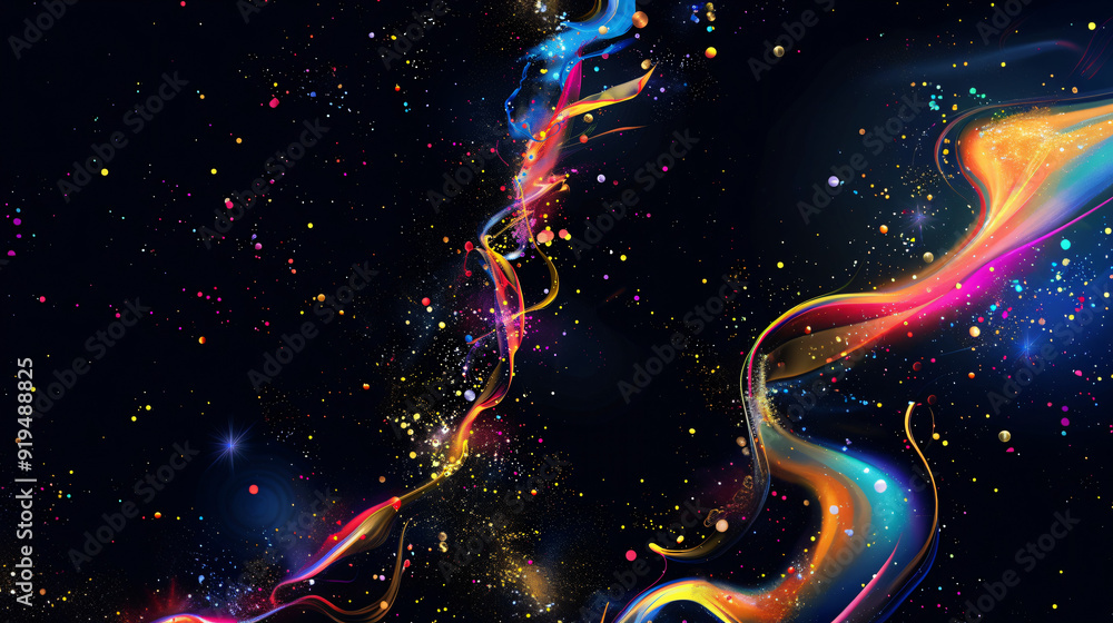 Fototapete colorful wavy lines and stars creating abstract background with flowing particles in space