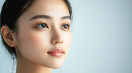 Fototapeta premium A woman with long hair. She is looking at the camera. The image has a calm and serene mood. Generative AI
