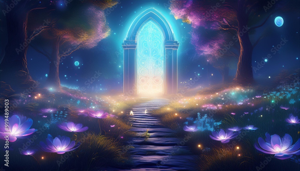 Wall mural ethereal doorway of light in a mystical nighttime meadow bioluminescent flowers and floating spirit 