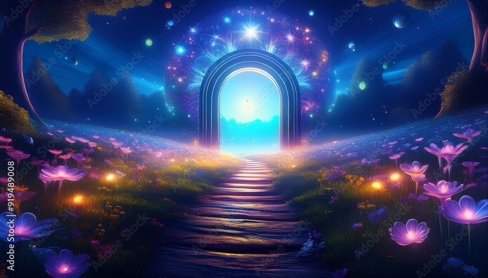 Wall mural ethereal doorway of light in a mystical nighttime meadow bioluminescent flowers and floating spirit 