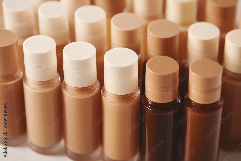 Poster a diverse collection of foundation bottles displayed on a white background showcasing various skin t