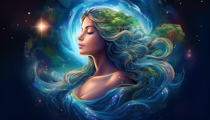 ethereal portrait of mother earth as a celestial goddess hair flowing with rivers body adorned with forests and mountains surrounded by swirling galaxies