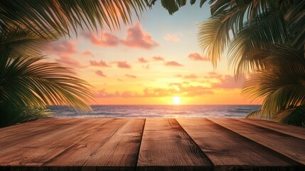 Tropical summer sunset beach bar background. Empty stage of wooden table top product showcase. The generation of AI