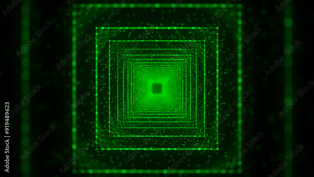 Poster cyber square tunnel consisting of moving glowing points. futuristic infinite space background. conce