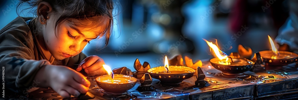 Poster child lighting hanukkah menorah shamash candle captured using high dynamic range hdr technique enhan