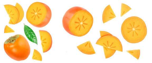persimmon slice with leaves isolated on white background with copy space for your text. Top view. Flat lay pattern