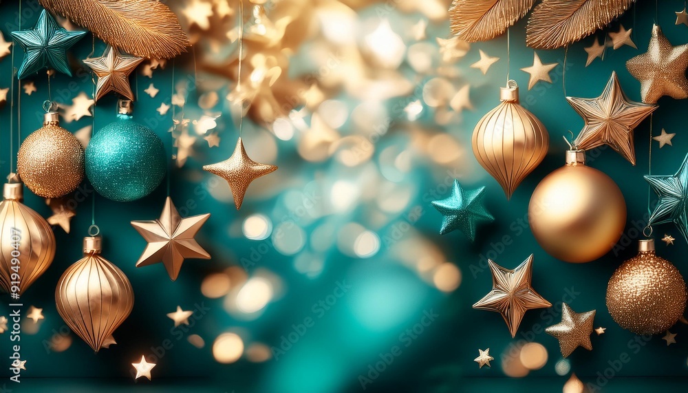 Wall mural festive abstract background gold and teal bokeh lights shimmering star shapes elegant holiday atmosphere blurred christmas ornaments