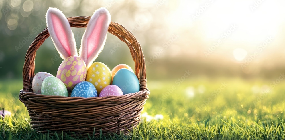 Poster a springtime field with a rabbit toy and a basket of colourful eggs in the background.