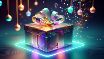 festive aigenerated gift box assembling itself holographic ribbon tying in midair shimmering particles forming ornaments futuristic christmas workshop