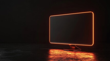 Display Technology Concept with Monitor symbol as a neon light on a black background with a high tech floor. Illustration in 3D.