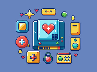 Pixel game icon. Retro video games element, arcade UI button, digital console 8-bit interface, pixels heart, bomb, star, menu buttons controller item. Vector set
