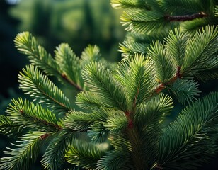 Fir tree brunch. Christmas Background with beautiful fluffy green pine tree brunch close up. Copy space. Nature concept