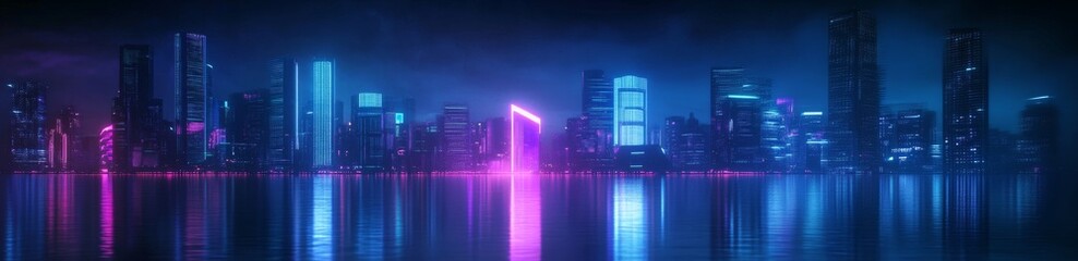Fototapeta premium In this sci-fi cityscape with purple and cyan neon lights, you can see visionary architecture in the distance.