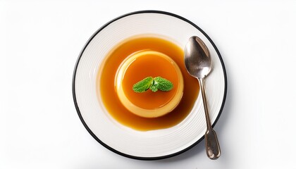 Flan or caramel custard pudding with spoon and mint on white plate isolated white background. Homemade Egg dessert. Top view