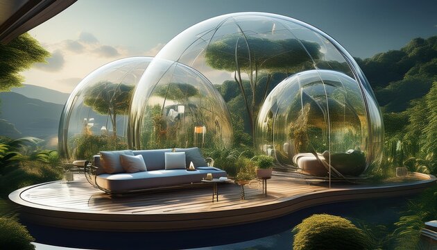 floating ecoluxury residence with transparent bubble domes suspended gardens and zerogravity lounge areas seamless blend of futuristic technology and natural elements