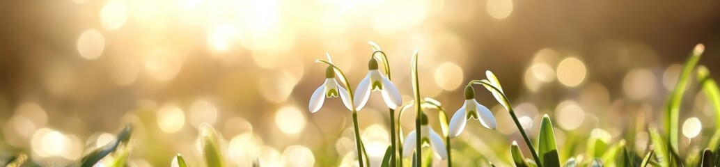 Fototapeta premium It's springtime and there are fragile snowdrops blooming in the field.