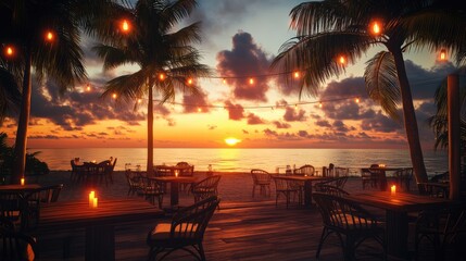 Fototapeta premium Tropical summer sunset beach bar background. Outdoor restaurant, Led candles and wooden tables, chairs under beautiful sunset sky, sea view. The generation of AI
