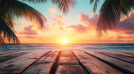 Tropical summer sunset beach bar background. Empty stage of wooden table top product showcase. The generation of AI
