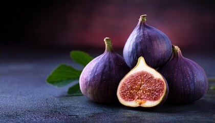 Fresh ripe figs on dark Background. Violet figs with copyspace close up. Creative Food photo.
