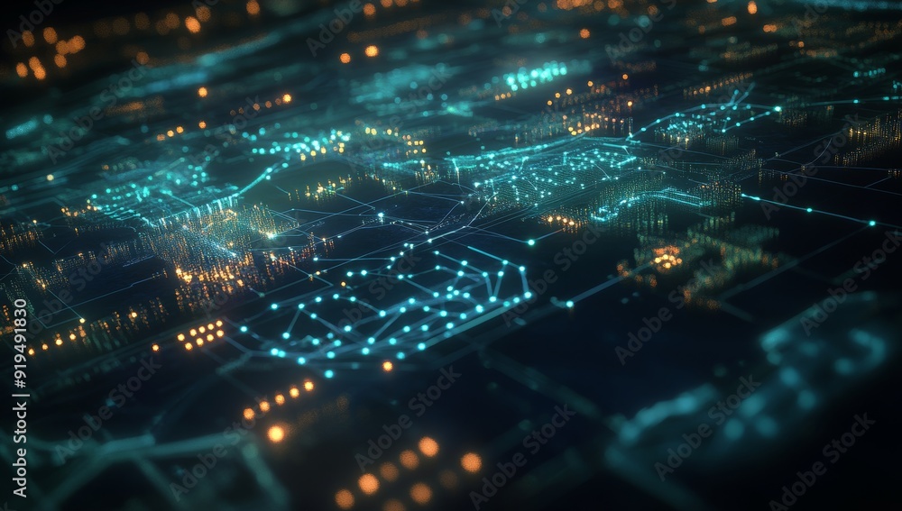 Poster data network color grids over a miniature cityscape created with stock technology feature cinematic 