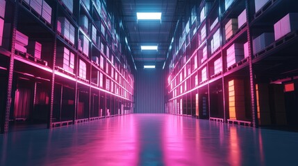 Fototapeta premium Warehouse interior with LED lighting, industrial building, distribution retail center, part of storage and shipping system. The generation of AI