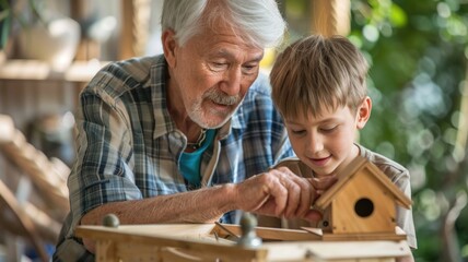 A grandparent teaching their grandchild woodworking skills, crafting a simple birdhouse